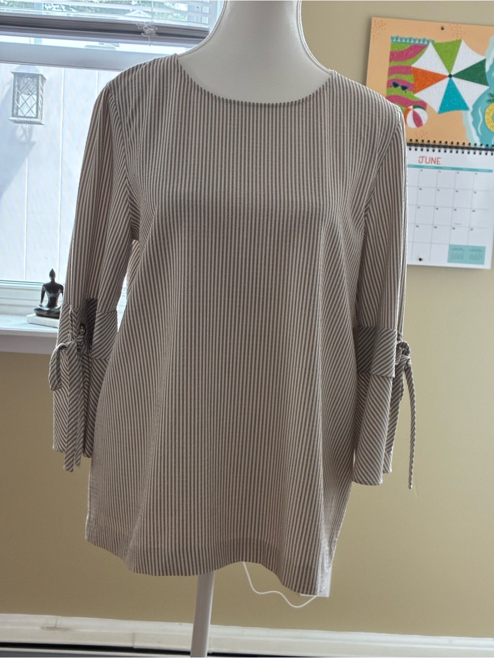 Calvin Klein Cream and Taupe Striped Tie-Sleeve Top